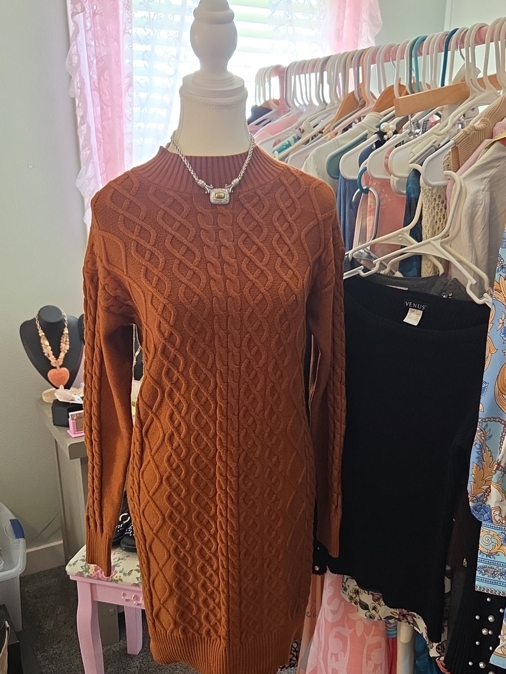 Ribbed Cable Knit Midi Sweater Dress in Rust Brown NWOT